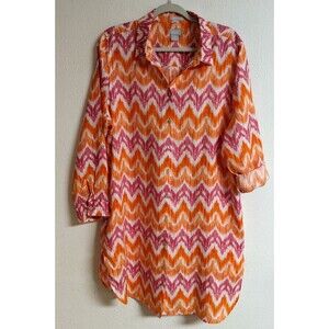 CHICO'S 100% Linen Multi-Colored Shirt Dress Swim Cover Roll-Tab Sleeves 3/16
